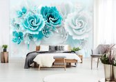 Vliesbehang Bloemen – Fotobehang - Blauwe Bloemen – 368 x 254 cm – Blauw Wit