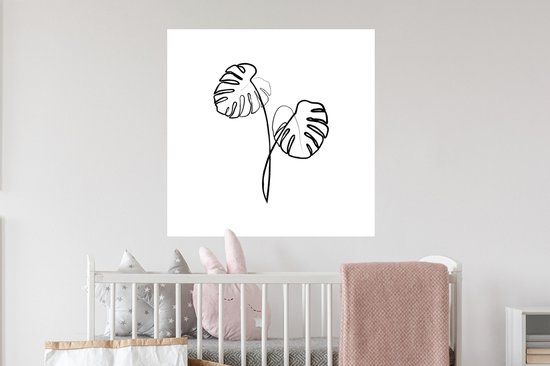 Sticker Muursticker Dessin au trait botanique - Pinceau épais - Illustration de dessin au trait botanique Plante d'intérieur Monstera - 50x50 cm - Film adhésif autocollant - Sticker mural repositionnable