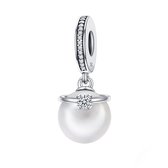 Parel ring Zirkonia dangle bedel | Pearl bead | bedels beads cadeau | Zilverana | geschikt voor Biagi , Pandora , Trollbeads armband | 925 zilver
