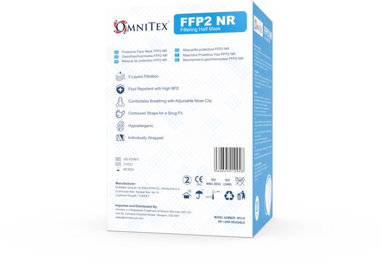 Omnitex FFP2 gezichtsmasker - 20 stuks wit, individueel verpakt | Hoge filtratie - 5 lagen | EN149 CE-gecertificeerd | Hypoallergeen | Vloeistofbestendig | Oorlussen en aanpasbare neusbrug | + 5-maskerverlengers - Omnitex