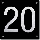 Huisnummerbord - huisnummer 20 - zwart - 12 x 12 cm - rvs look - schroeven - naambordje - nummerbord  - voordeur