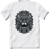 Leeuw - Dieren Mandala T-Shirt | Blauw | Grappig Verjaardag Zentangle Dierenkop Cadeau Shirt | Dames - Heren - Unisex | Wildlife Tshirt Kleding Kado | - Wit - XL