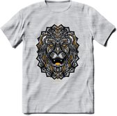 Leeuw - Dieren Mandala T-Shirt | Geel | Grappig Verjaardag Zentangle Dierenkop Cadeau Shirt | Dames - Heren - Unisex | Wildlife Tshirt Kleding Kado | - Licht Grijs - Gemaleerd - XX