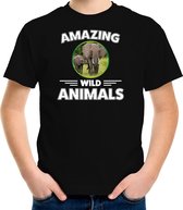 T-shirt olifant - zwart - kinderen - amazing wild animals - cadeau shirt olifant / olifanten liefhebber M (134-140)