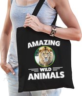 Katoenen tasje leeuw - zwart - volwassen + kind - amazing wild animals - boodschappentas/ gymtas/ sporttas - leeuwen fan