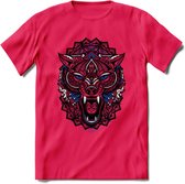 Wolf - Dieren Mandala T-Shirt | Donkerblauw | Grappig Verjaardag Zentangle Dierenkop Cadeau Shirt | Dames - Heren - Unisex | Wildlife Tshirt Kleding Kado | - Roze - S