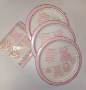 roze feestpakketje 16 bordjes en 16 servetten waslijn voor babyshower of geboortefeestje