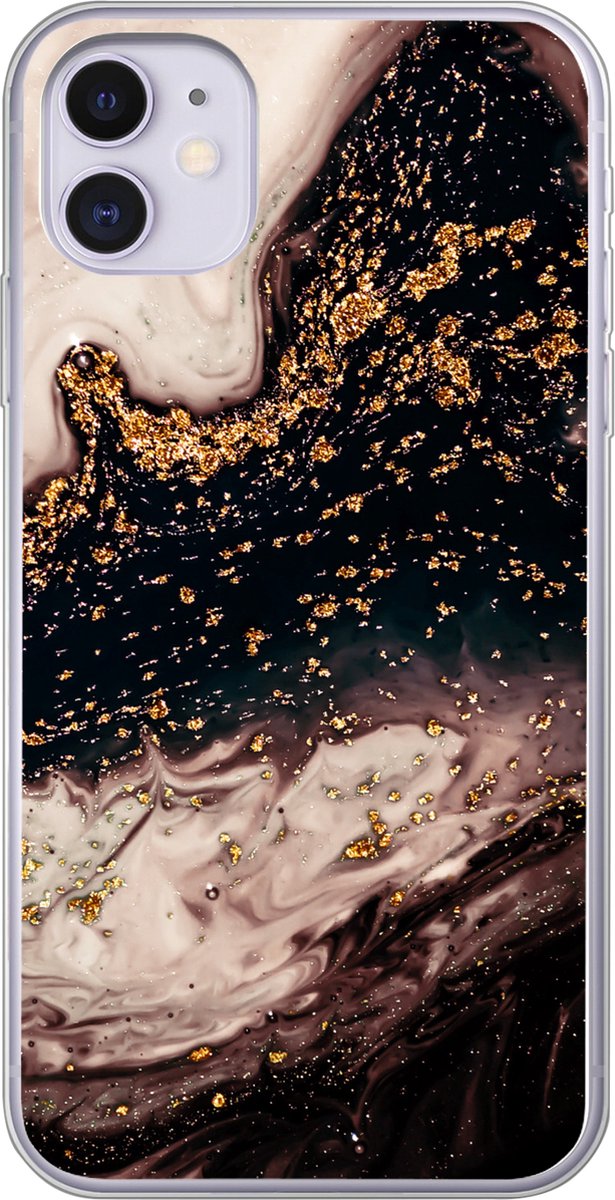 Telefoonhoesje Geschikt voor iPhone 11 hoesje - Natuursteen - Goud - Zwart - Siliconen Telefoonhoesje