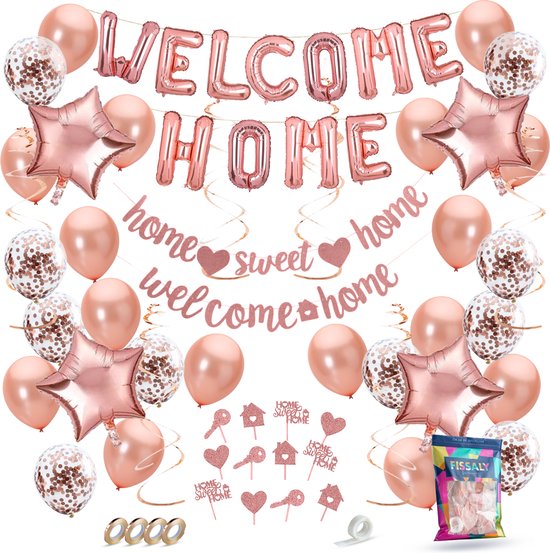 Fissaly® Welkom Thuis Rose Goud Versiering – Welcome Home Decoratie - Suprise Party – Inclusief Ballonnen, Slingers, Vlaggenlijn, Caketoppers & Accessoires