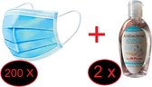 Mondmasker + 2x popsiangel 100 ml Handgel - Mondkapje - Masque facial - Face mask  / Wegwerp - Jetable - Disposable / 3 laag - 3 couches - 3 layer / 200 stuks - 200 pieces