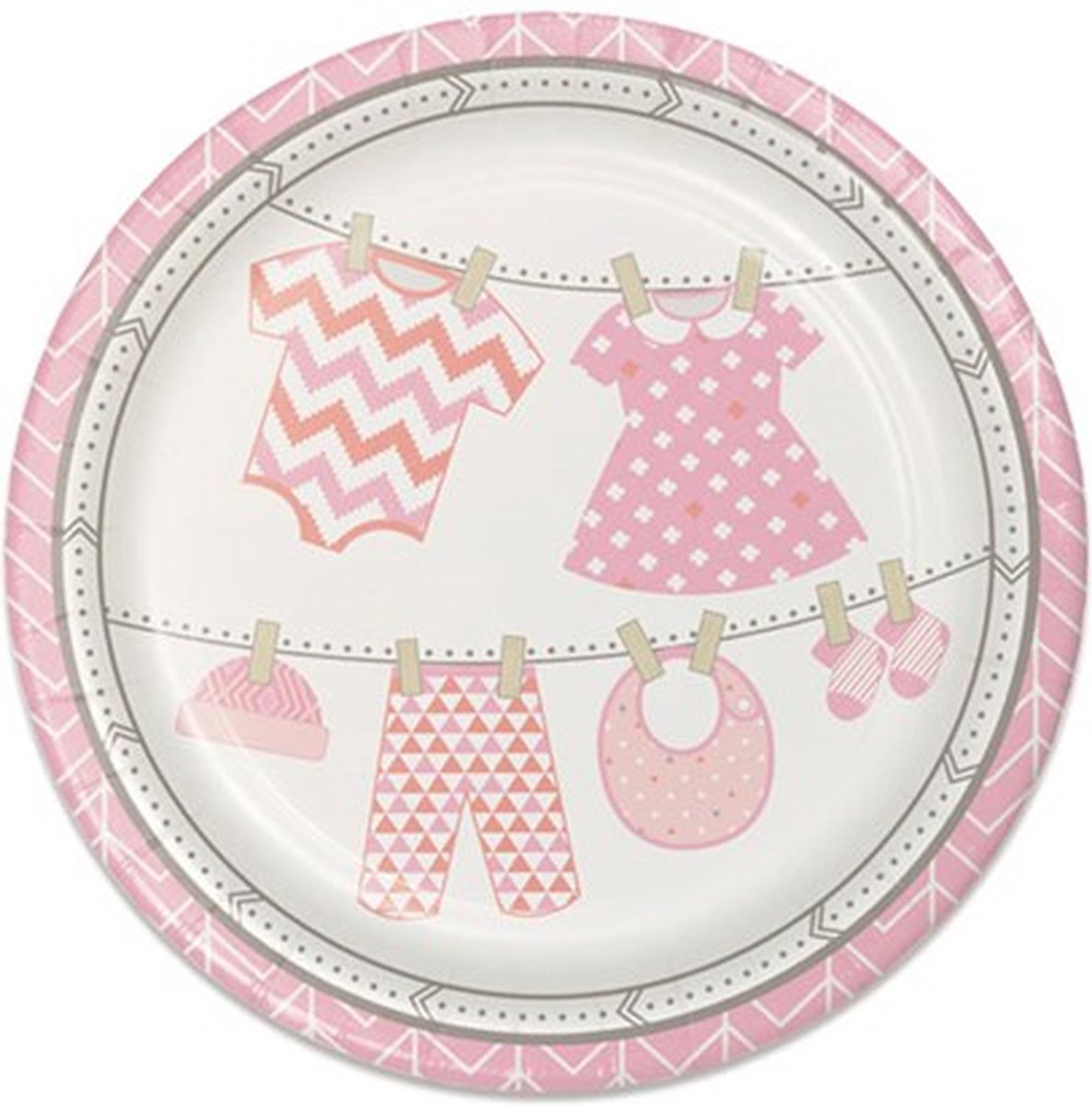 16 bordjes karton roze kinderkleertjes 23cm doorsnee geboorte of babyshower