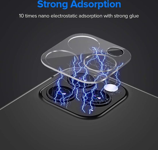 Glazen camera protector boven een telefoon met blauwe elektrische lading, 'Strong Adsorption'.