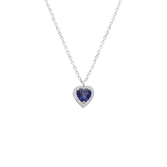 Lucardi Dames Ketting met hanger hart zirkonia blauw - Echt Zilver - Ketting - Cadeau - 45 cm - Zilverkleurig