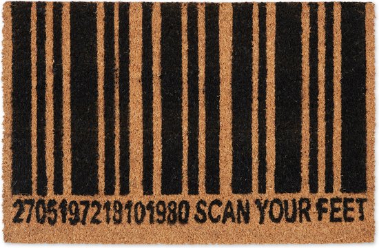 Relaxdays deurmat barcode - kokosmat - 60 x 40 cm - mat voordeur - voetmat - natuur/zwart