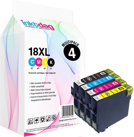 Inktdag 18XL multipack met 4 huismerk inktcartridges in cyaan, magenta, geel en zwart, niet origineel.