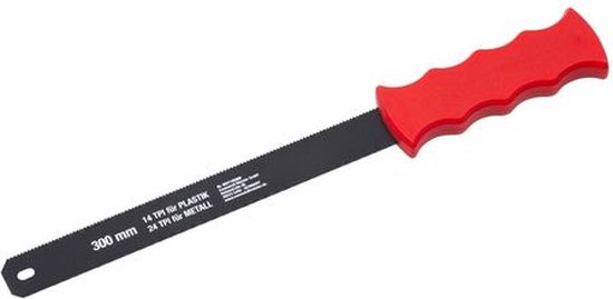Een 300 mm zaag met een rode, ergonomische handgreep. De zaag is zwart met witte tekst.