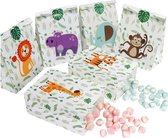 12 stuks papieren traktatie zakjes - snoepzakjes jungle dieren 19x14x8 cm + 12 stickers