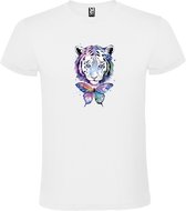 Wit t-shirt met grote print 'prachtige Tijger en Vlinder in pasteltinten'  size 4XL