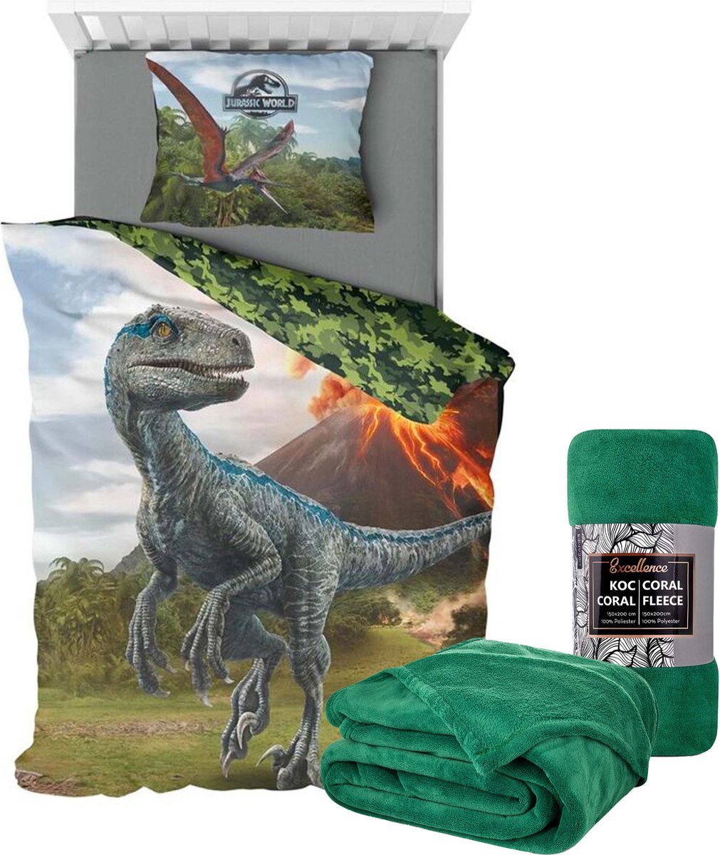 Jurassic World Dino Dekbedovertrek- 140x200- Polyester- 1persoons- Dinosaurus- incl. Fleecedeken gras-groen 150 X 200 Cm Polyester