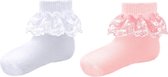 Nursery Time - 2 paar Baby Sokjes met Kant - Wit & Roze - Maat 0-3 mnd