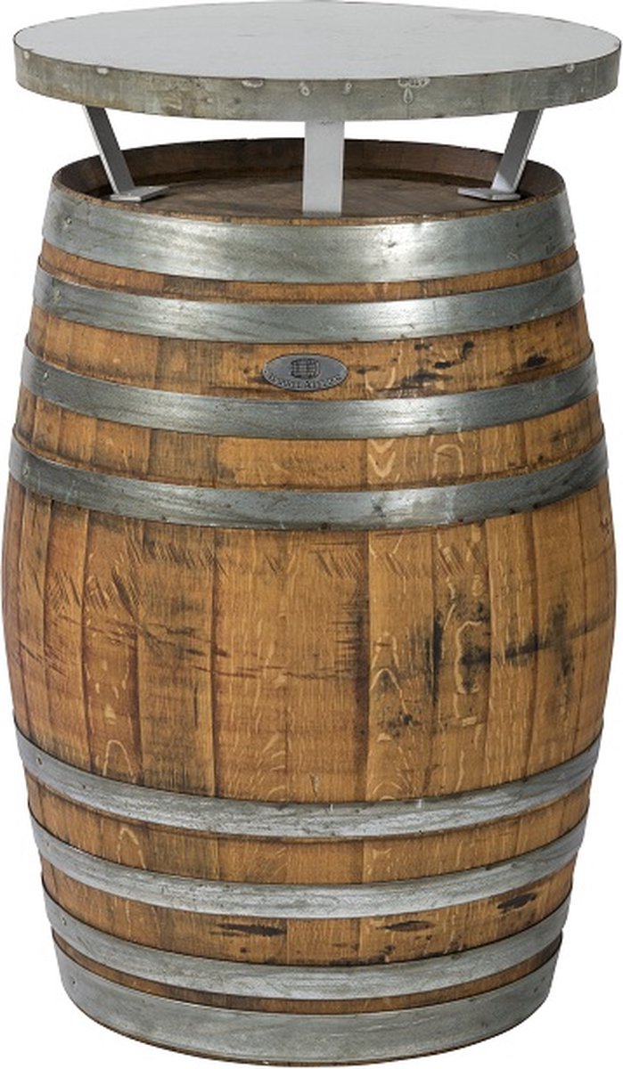 BarrelAtelier Wijnvat Statafel "Brandy" – Bartafel - Industrieel Design – Ø67 cm x 120 cm hoog – Met Gegalvaniseerd Blad – Duurzaam Houtkleur (geolied)