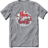 You Make My Heart Smile - Valentijn T-Shirt | Grappig Valentijnsdag Cadeautje voor Hem en Haar | Dames - Heren - Unisex | Kleding Cadeau | - Donker Grijs - Gemaleerd - S