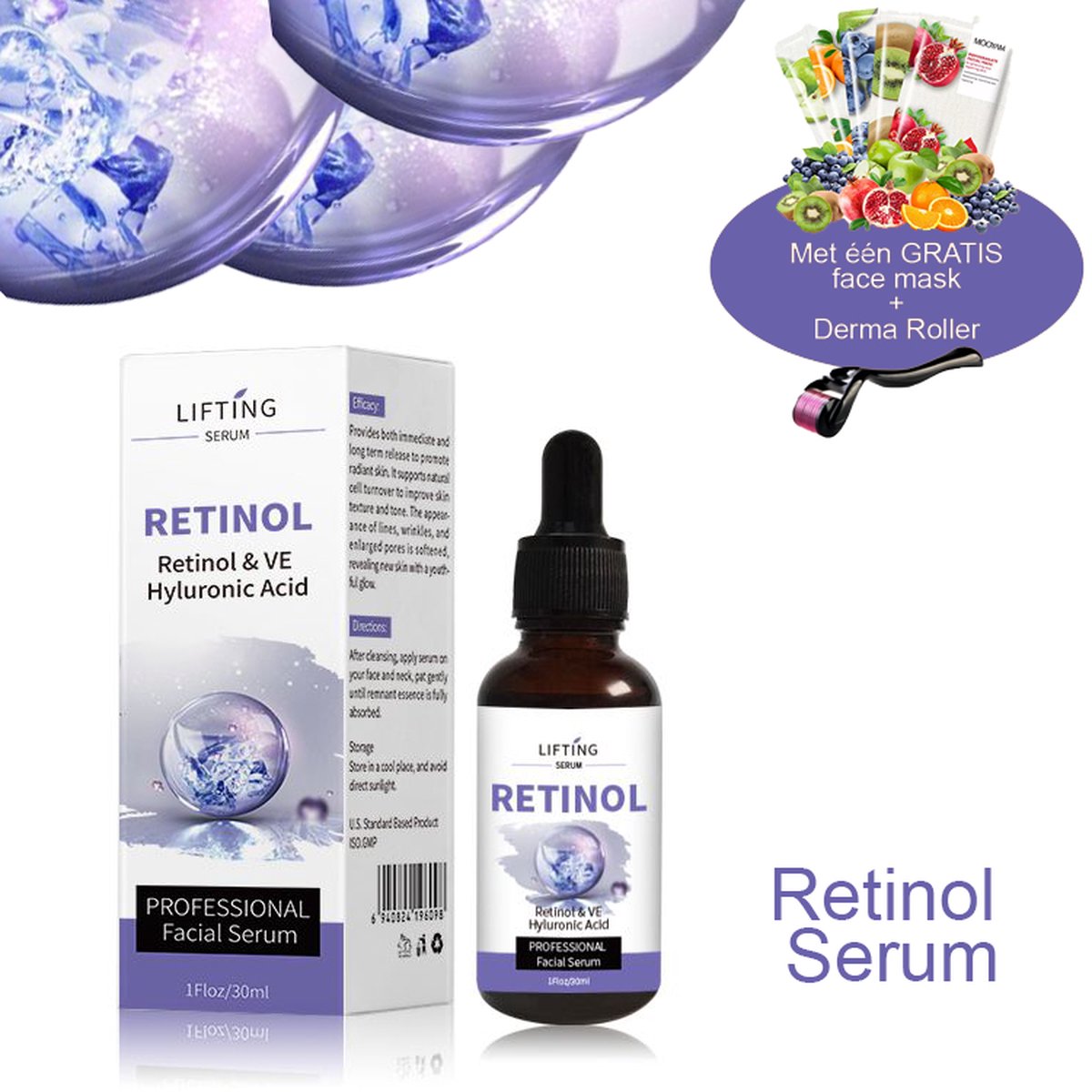 MÔOYAM Active Retinol Serum - Inclusief Dermaroller - Vitamine E & Hyaluronzuur - Gezichtsserum - Anti Aging - Celvernieuwing - Anti-Acne - Tegen Mee-eters en Grove Poriën - Tegen Pigmentvlekken - 30ML