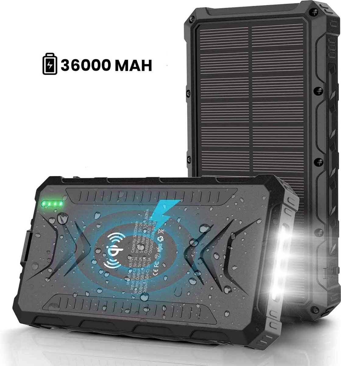 Homèlle solar Powerbank 36.000mAh - iPhone & Samsung - Solar Charger - Zonneenergie - USB C - 2x USB - Micro USB - Wireless Charger - Zwart - Snellaadfunctie