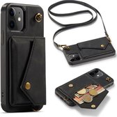 Apple iPhone 12 & iPhone 12 Pro Casemania Hoesje Charcoal Gray - Luxe Back Cover met Koord - Wallet Case - Pasjeshouder