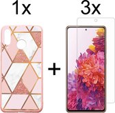 Samsung S20 FE Hoesje - Samsung Galaxy S20 FE Hoesje Marmer Roze Driehoek Print Siliconen Case - 3x Samsung S20 FE Screenprotector