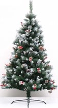 Zilverspar Kunstkerstboom - 150 cm - 750 toppen versierd met sneeuw - rode besjes en dennenappels