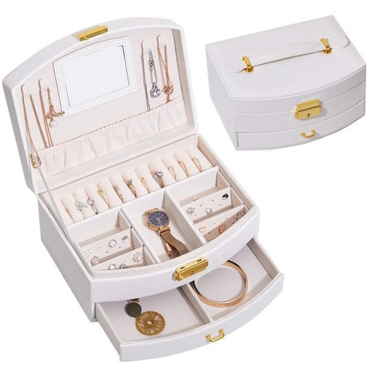 Boîte à bijoux - Boîte à Bijoux de Luxe - Boîte à bijoux avec support / miroir - 4 compartiments - Collier / Ring / Boucles d'oreilles / montre - Dames / Filles - Argent