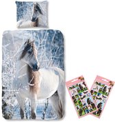 Dekbedovertrek Wit Paard- Flanel- 1 persoons- 140x200- incl. Paardenstickers set