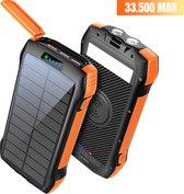 Lucky One® Solar Powerbank met 33500 mAh- Oplader – Wireless Charger – Fast Charging - USB C /Micro USB - Zonne Energie - 5X USB - Oranje