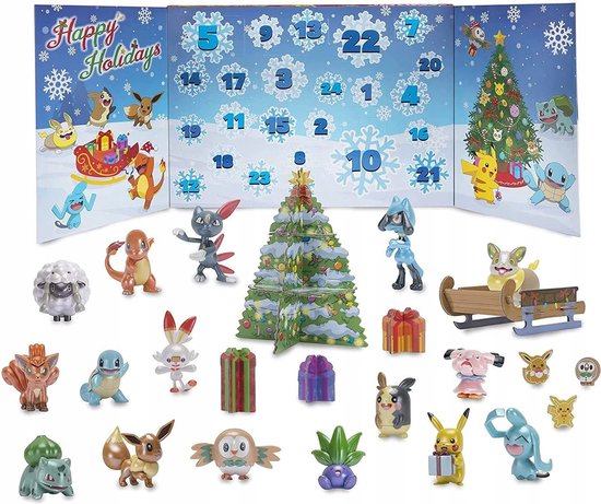 Calendrier de l'Avent Pokémon avec 24 figurines, un sapin et un traîneau. Des personnages comme Pikachu, Salamèche, Carapuce, Bulbizarre et Evoli sont présents.