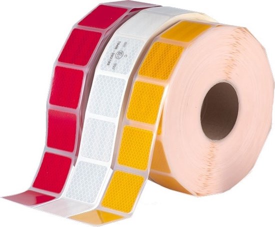 Drie rollen met 5x5 cm reflecterende stickers: rood, wit en geel.