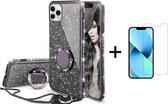 Apple iPhone 13 Mini | Ring Houder | Back Cover Telefoonhoesje | Glitter | TPU Hoesje | Zwart + 1x Screenprotector