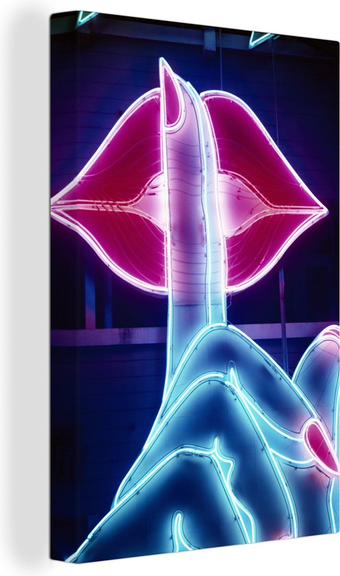 Canvas Schilderij Neon bord van een vinger tegen lippen - 20x30 cm - Wanddecoratie