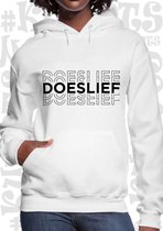 DOESLIEF dames hoodie – Wit - Maat L - Lange mouwen - Met capuchon en steekzakken - Normale Pasvorm - Grappige teksten | Designs - Original Kwoots - Humor - Trui - Sweater - Doe ge