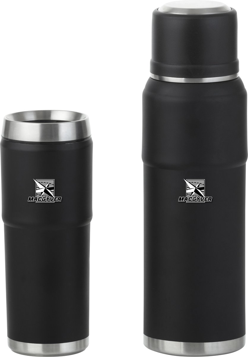 MacGyver RVS Thermosfles 1 ltr – Extra Reisbeker / Koffiebeker 0,55 ltr – Isoleerflessen – Zwart