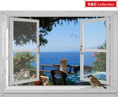 D&C Collection - tuinposter - 90x65 cm - doorkijk - wit luxe venster rustige taverna bloemen mus -tafel - tuin decoratie - tuinposters buiten - schuttingposter - tuinschilderij