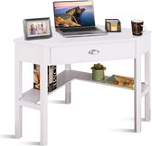 furnibella -  Bureau, Hoekbureau, Houten L-vormig computerbureau, Compacte Schrijftafel met Lade & Planken, Ruimtebesparend Werkstation, Laptop PC hoek Tafel Meubilair voor thuiskantoor (Wit)