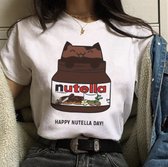 Wit t-shirt met Poes in pot Nutella als print Size M