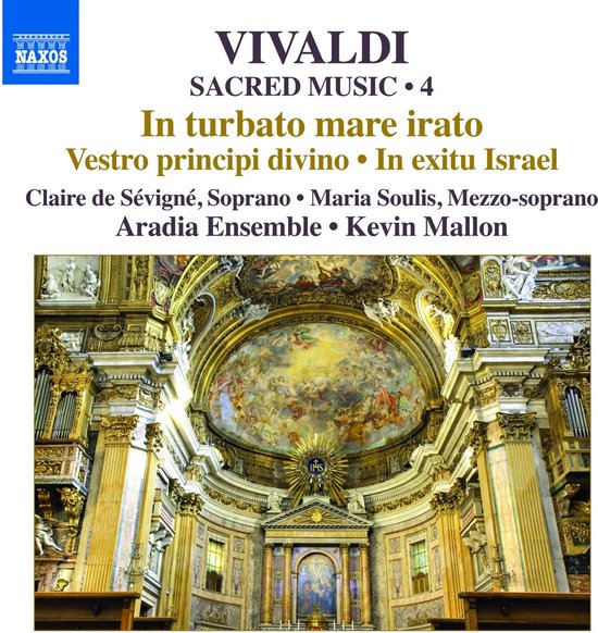 Albumhoes met Vivaldi: Heilige Muziek • 4. Bevat een afbeelding van een weelderig kerkinterieur met fresco's.