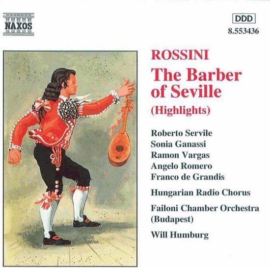 Illustratie van een man in een rood jasje met versieringen, zwart broekje met rode versieringen, witte kousen en zwarte schoenen, die een mandoline vasthoudt. Tekst: Rossini The Barber of Seville (Highlights).