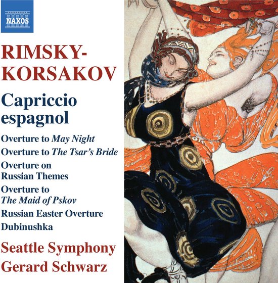 CD hoes met Rimsky-Korsakov's Capriccio Espagnol. Een schilderij van twee dansende vrouwen in oranje en blauwe kleding, met de titel "Capriccio Espagnol" en "Seattle Symphony Gerard Schwarz".