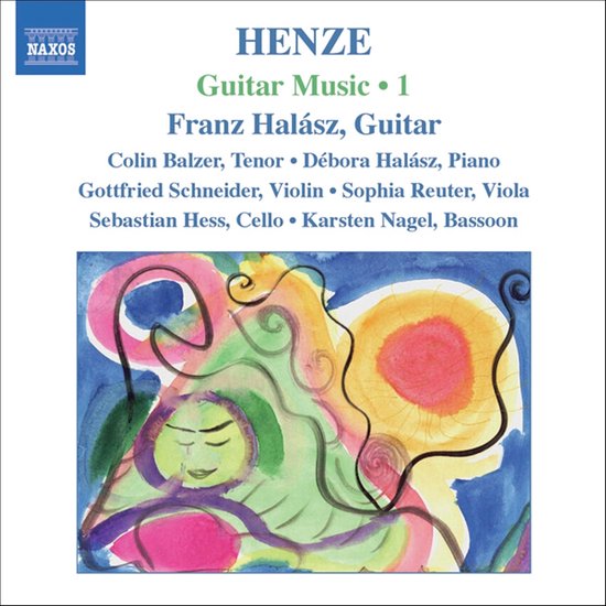 Cd-hoes met een abstracte aquarel van een gezicht in het midden, omringd door groene, gele en roze krullen. Titel: HENZE Guitar Music • 1