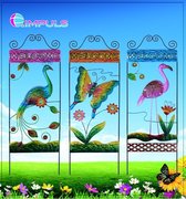 Metalen tuinsteker Welcome + flamingo - metaal + glas - zwart + meerkleurig - hoogte 68 cm x 22 x 1.5 cm - Tuindecoratie - tuinstekers