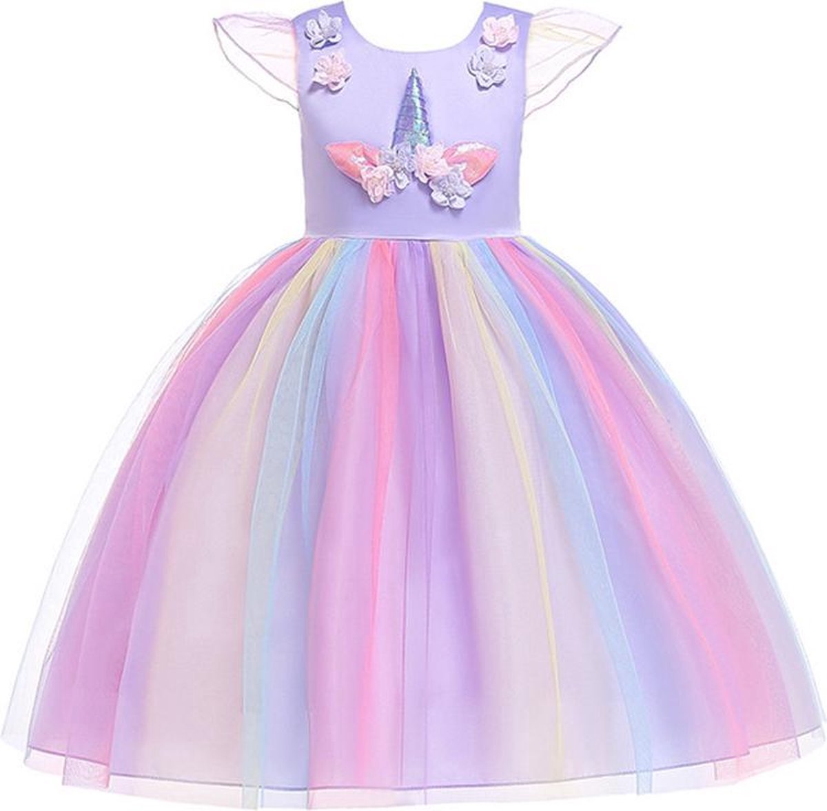 Joya Kids® Paarse Eenhoorn Verkleed Jurk Set | Unicorn Jurk kostuum | Prinsessen jurk verkleedjurk + Haarband | (120) | Cadeau meisje — afbeelding 2