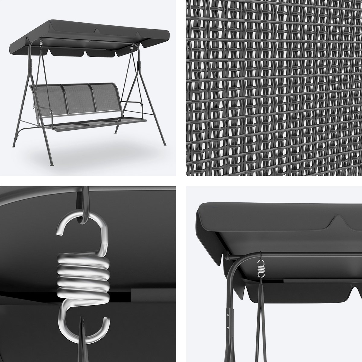 LifeGoods Schommelbank - 3-zits - tot 250KG - Kantelbaar Dak - UV-bestendig Zonnescherm - 172x104x162cm - Grijs — afbeelding 9